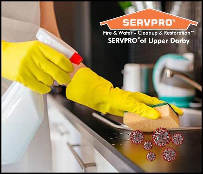 Woman cleaning high-touch surfaces in her kitchen killing germs